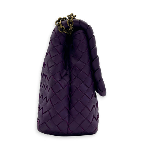 Intrecciato Shoulder Bag Purple in Intrecciato Leather, Antique Brass hardware