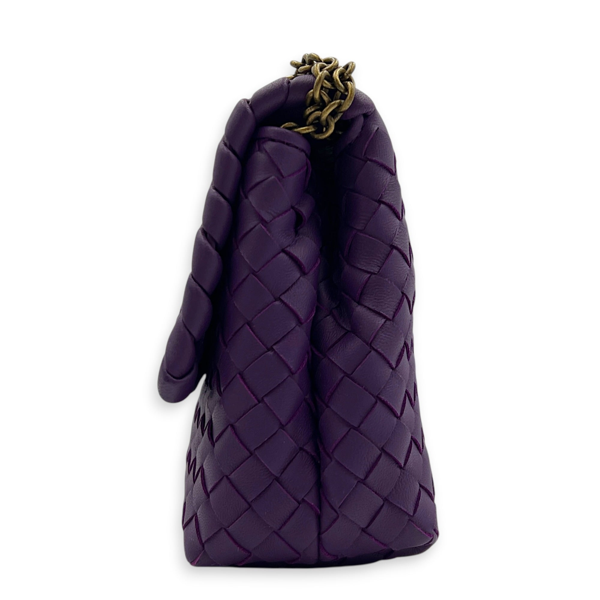 Intrecciato Shoulder Bag Purple in Intrecciato Leather, Antique Brass hardware