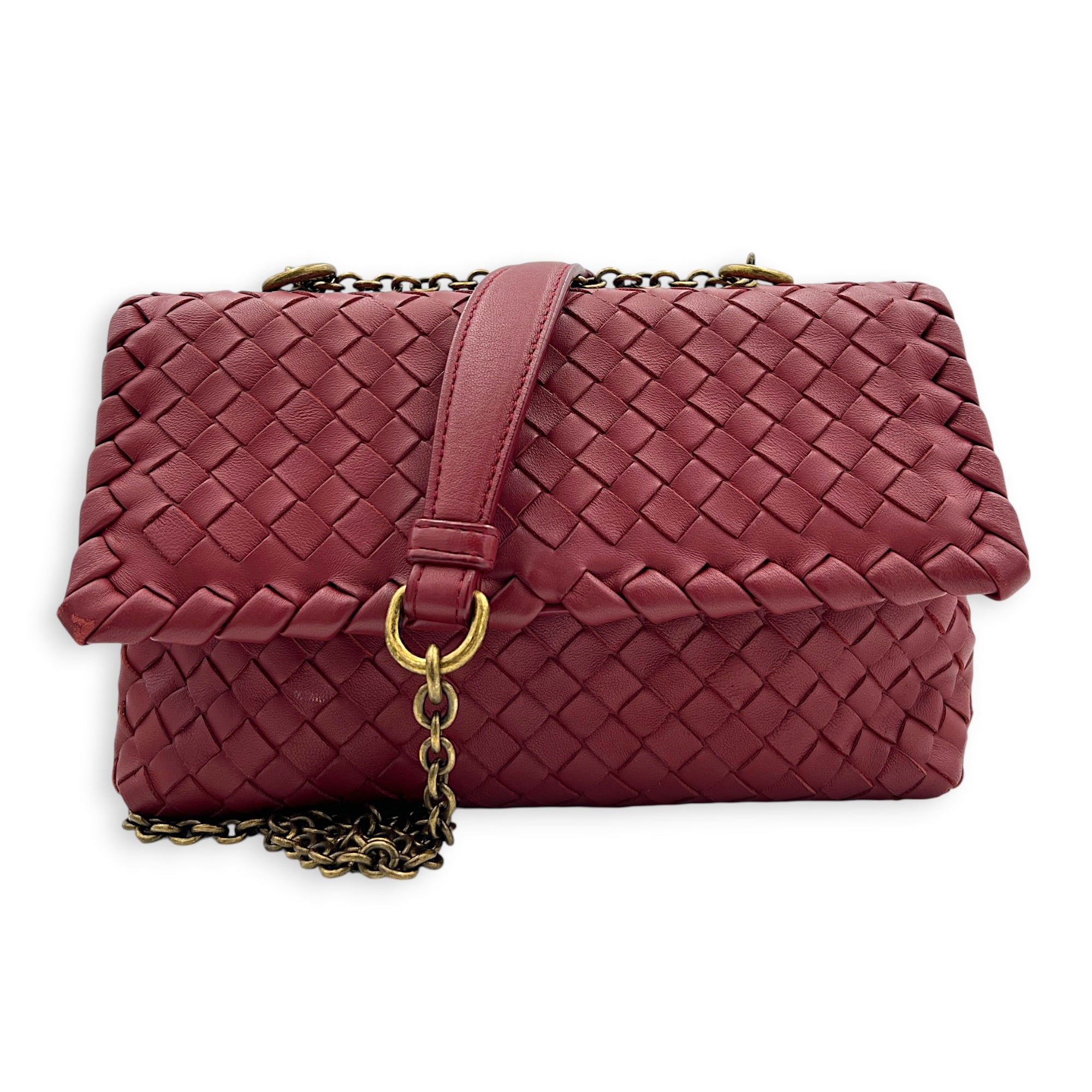 Intrecciato Shoulder Bag Red in Intrecciato Leather, Gold hardware