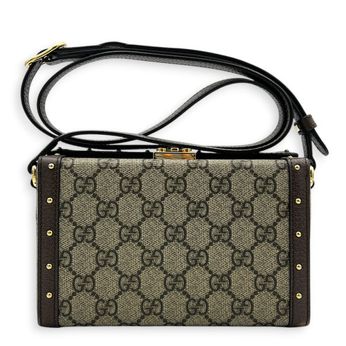 Padlock Trunk Brown Crossbody Bag in Coated Canvas, Gold hardware
