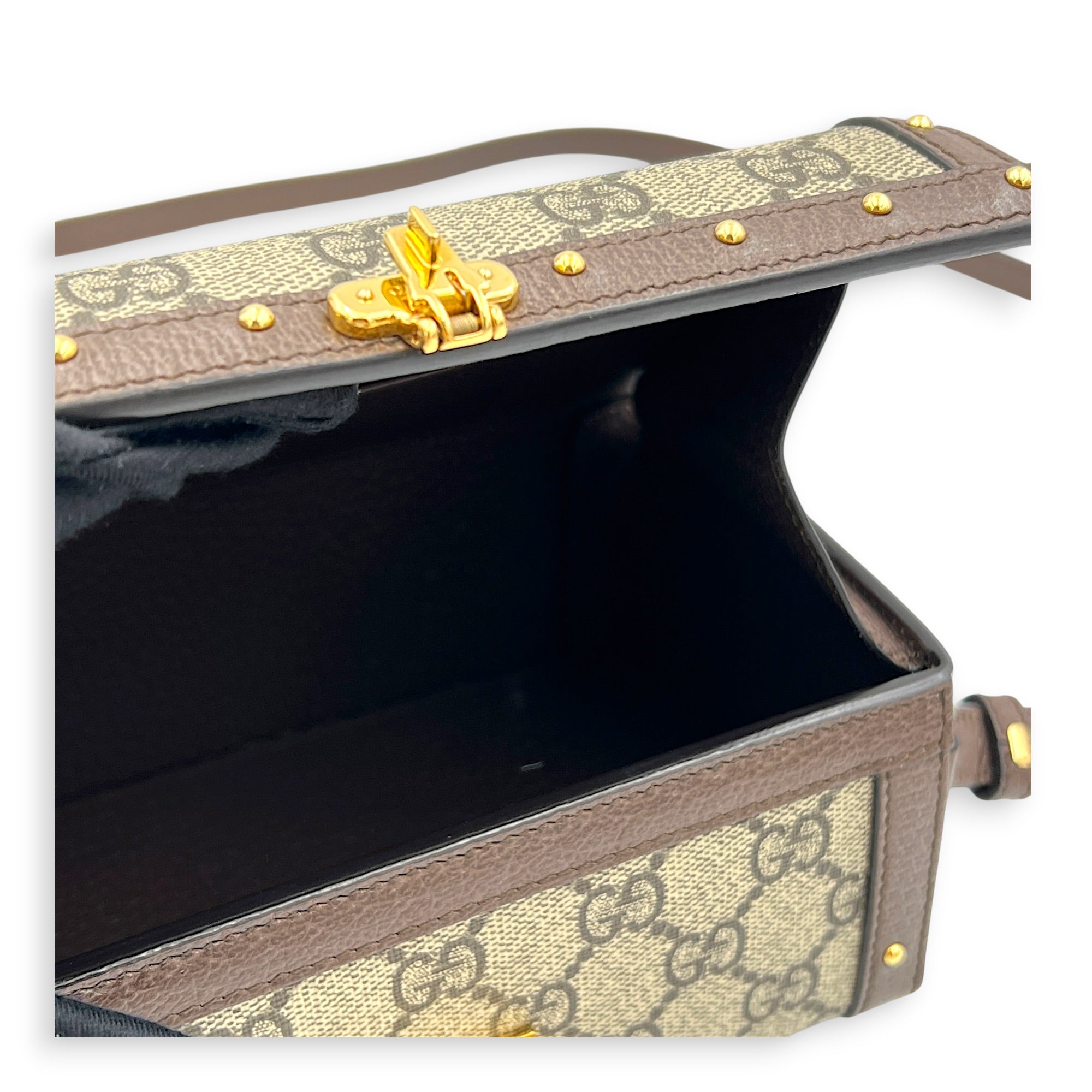 Padlock Trunk Brown Crossbody Bag in Coated Canvas, Gold hardware