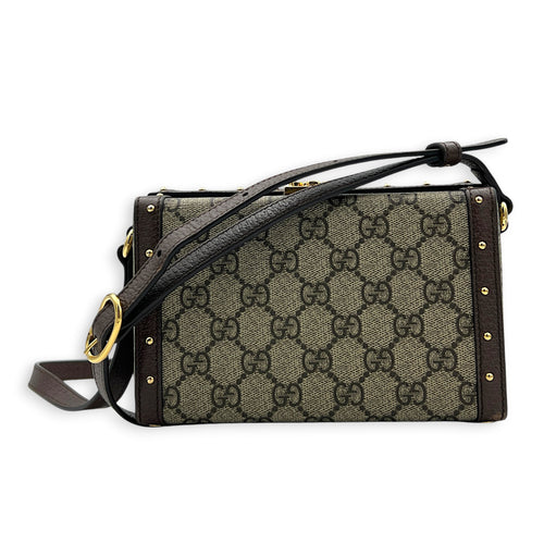 Padlock Trunk Brown Crossbody Bag in Coated Canvas, Gold hardware
