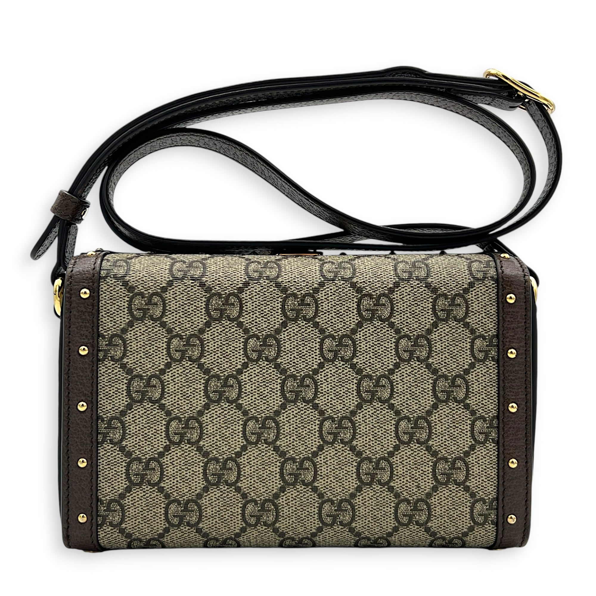 Padlock Trunk Brown Crossbody Bag in Coated Canvas, Gold hardware