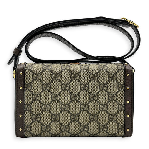 Padlock Trunk Brown Crossbody Bag in Coated Canvas, Gold hardware
