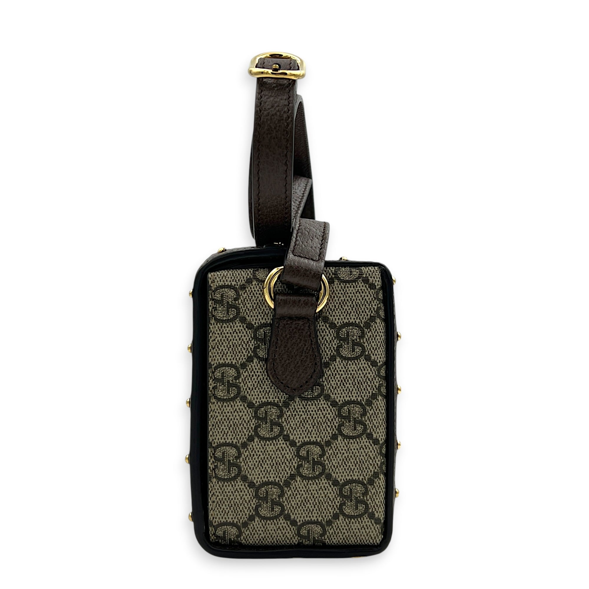 Padlock Trunk Brown Crossbody Bag in Coated Canvas, Gold hardware
