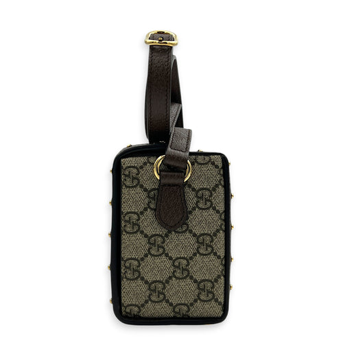Padlock Trunk Brown Crossbody Bag in Coated Canvas, Gold hardware