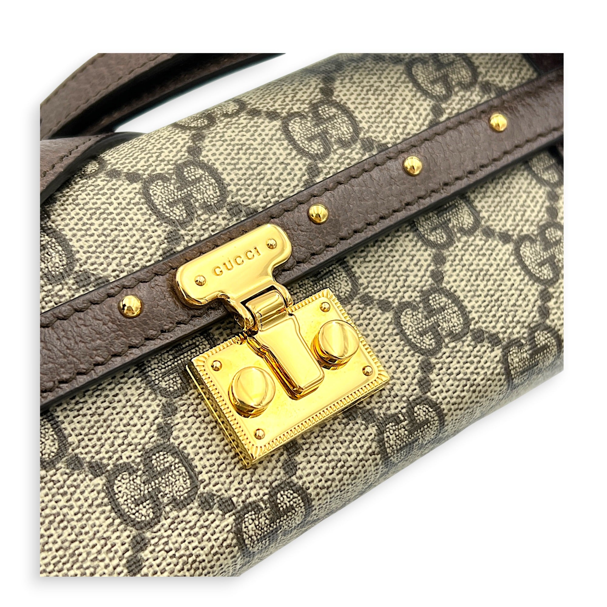Padlock Trunk Brown Crossbody Bag in Coated Canvas, Gold hardware