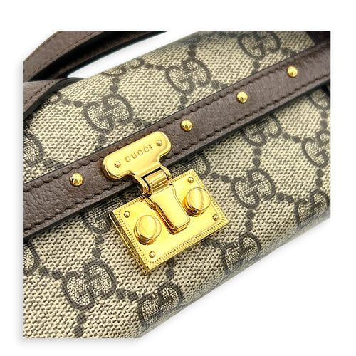 Padlock Trunk Brown Crossbody Bag in Coated Canvas, Gold hardware