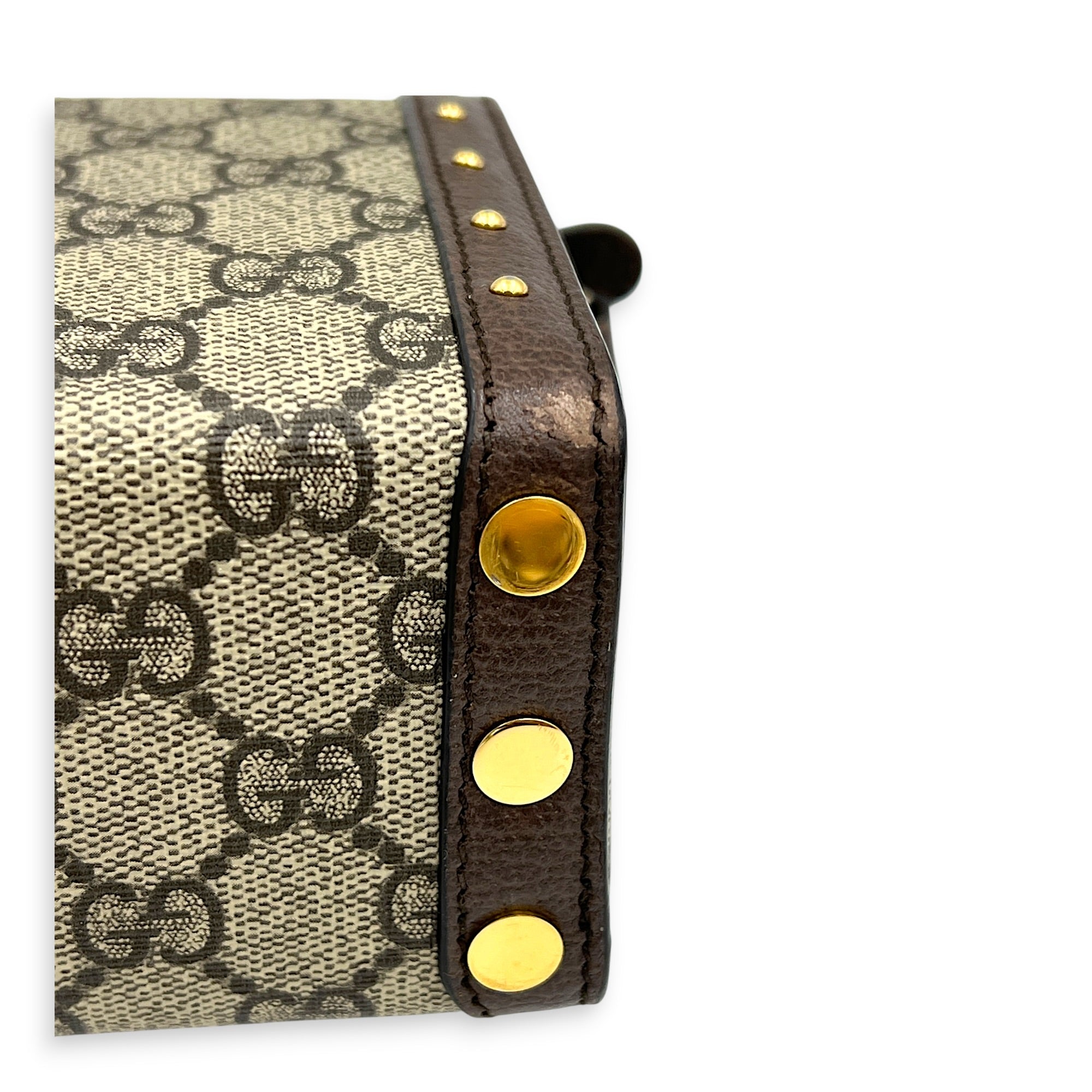 Padlock Trunk Brown Crossbody Bag in Coated Canvas, Gold hardware