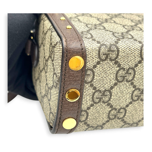 Padlock Trunk Brown Crossbody Bag in Coated Canvas, Gold hardware