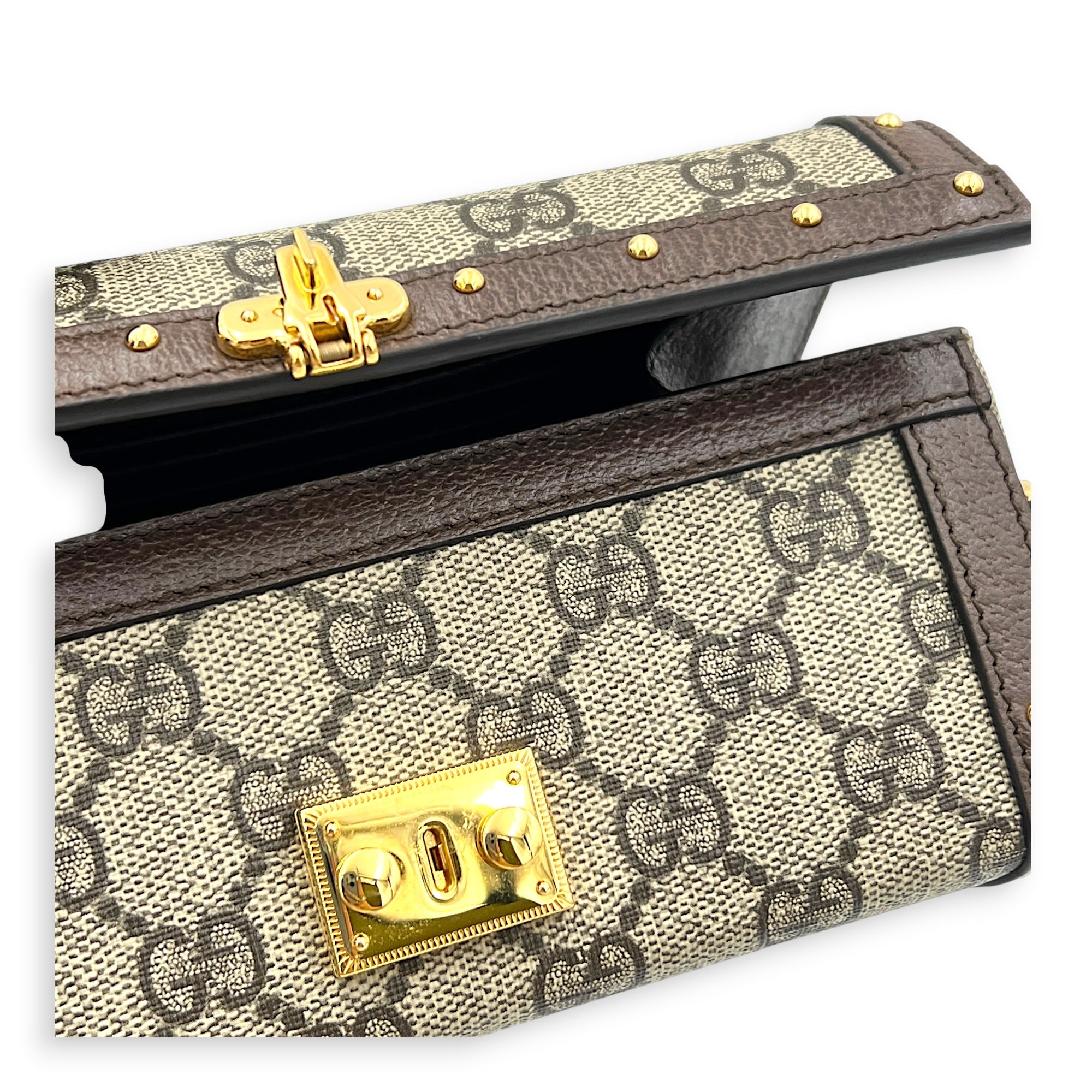 Padlock Trunk Brown Crossbody Bag in Coated Canvas, Gold hardware