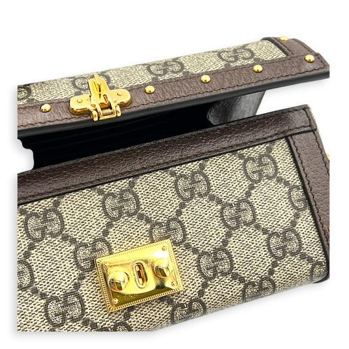 Padlock Trunk Brown Crossbody Bag in Coated Canvas, Gold hardware