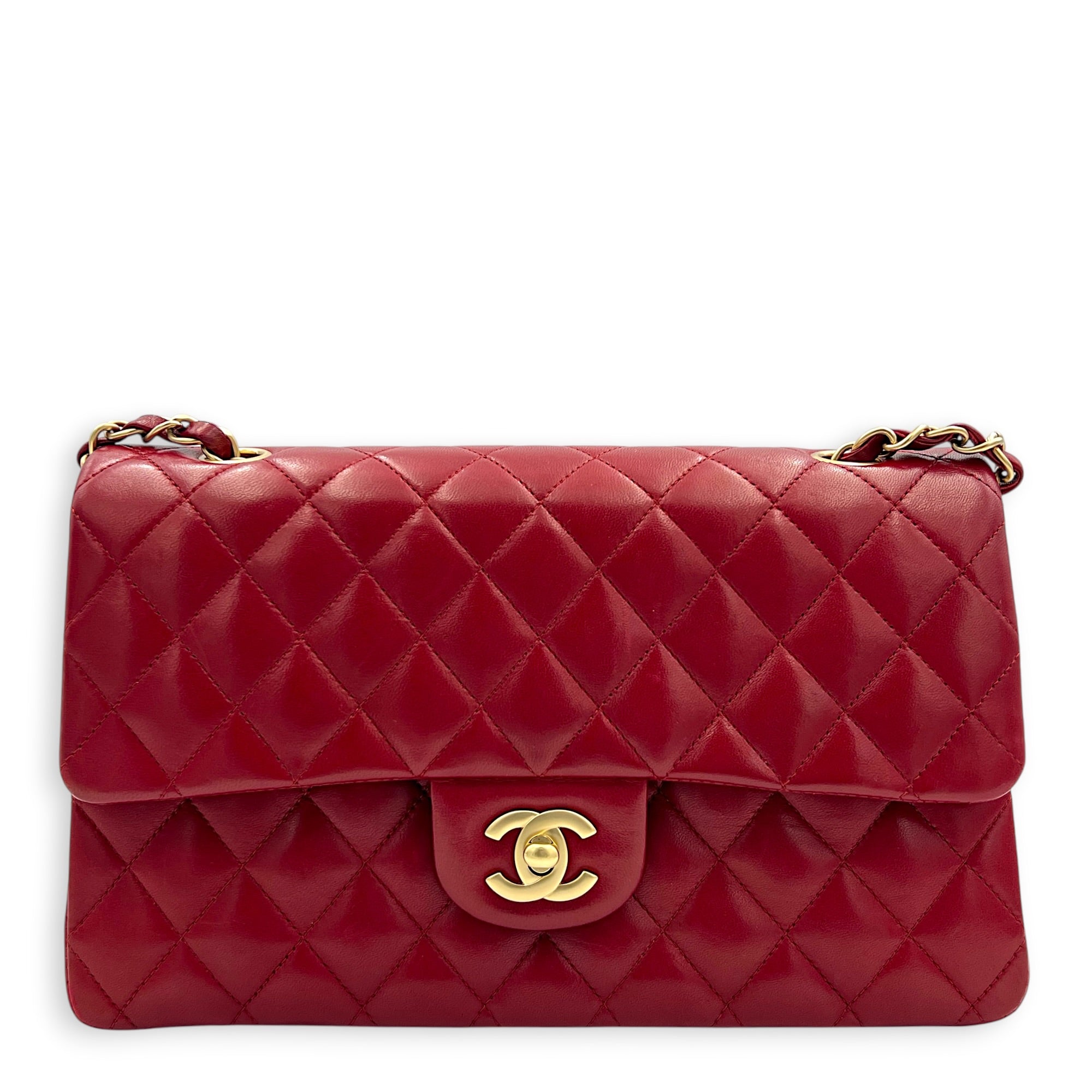 Classic Double Flap Charm Medium Red Shoulder Bag in Lambskin, Gold hardware