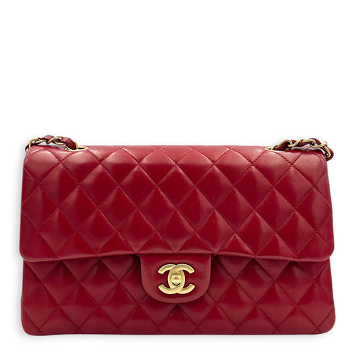 Classic Double Flap Charm Medium Red Shoulder Bag in Lambskin, Gold hardware