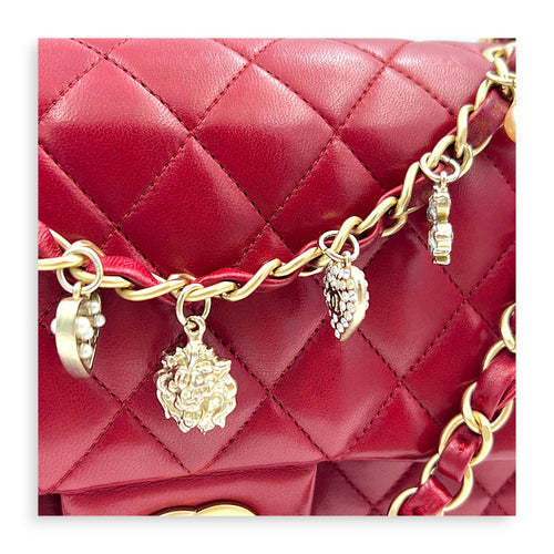 Classic Double Flap Charm Medium Red Shoulder Bag in Lambskin, Gold hardware