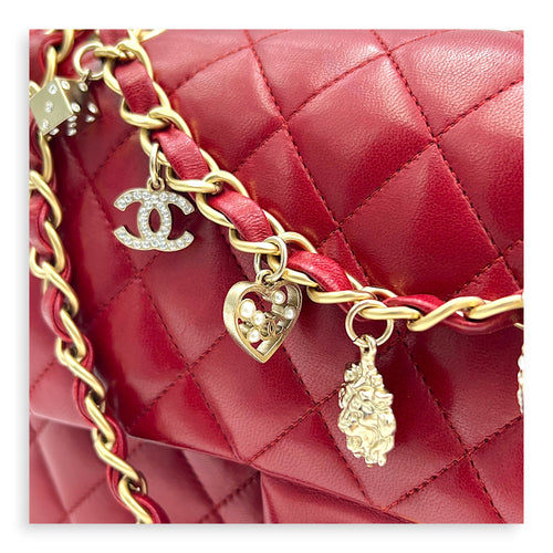 Classic Double Flap Charm Medium Red Shoulder Bag in Lambskin, Gold hardware