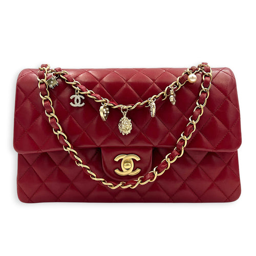 Classic Double Flap Charm Medium Red Shoulder Bag in Lambskin, Gold hardware