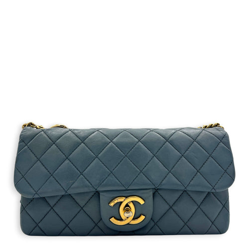 CC Crown Flap Blue Shoulder Bag in Calfskin, Gold hardware