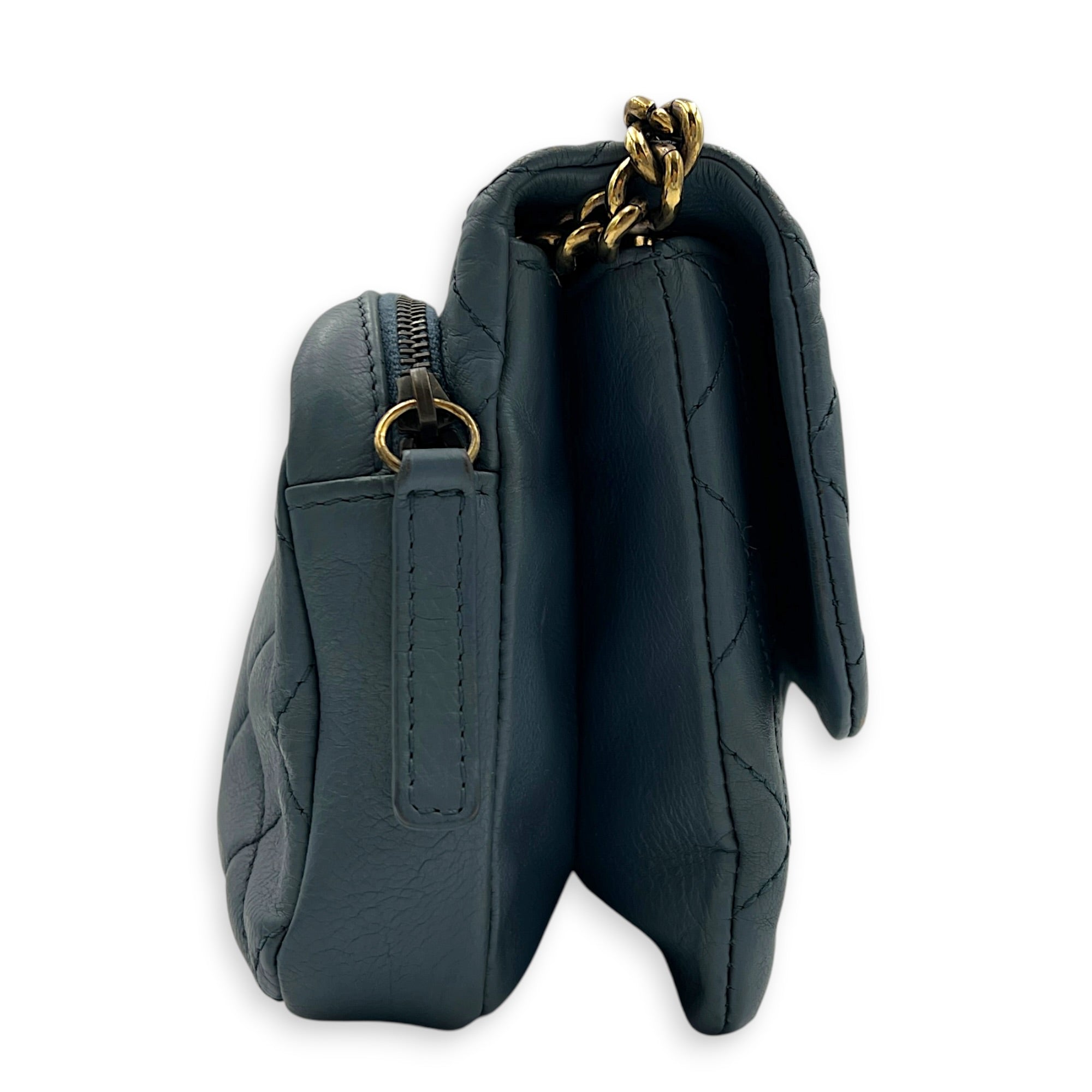 CC Crown Flap Blue Shoulder Bag in Calfskin, Gold hardware