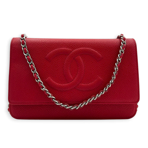 CC Red Wallet On Chain in Caviar Leather, Silver hardware