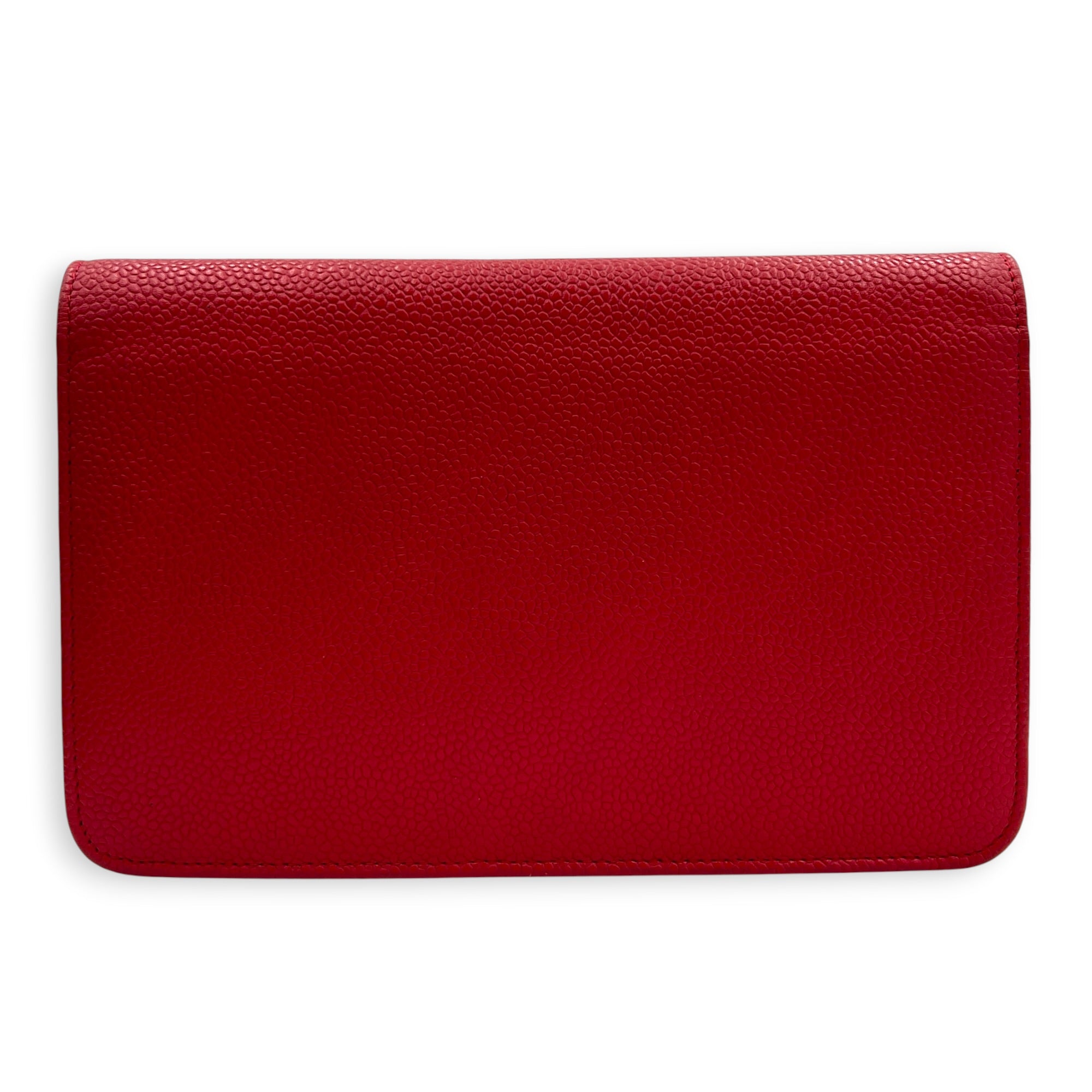 CC Red Wallet On Chain in Caviar Leather, Silver hardware
