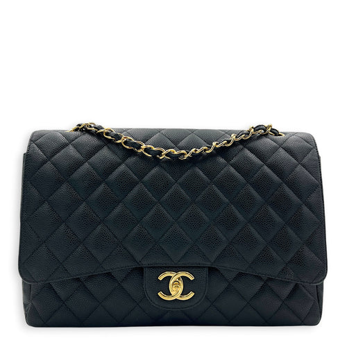 Classic Double Flap Maxi Black Shoulder Bag in Caviar Leather, Gold hardware