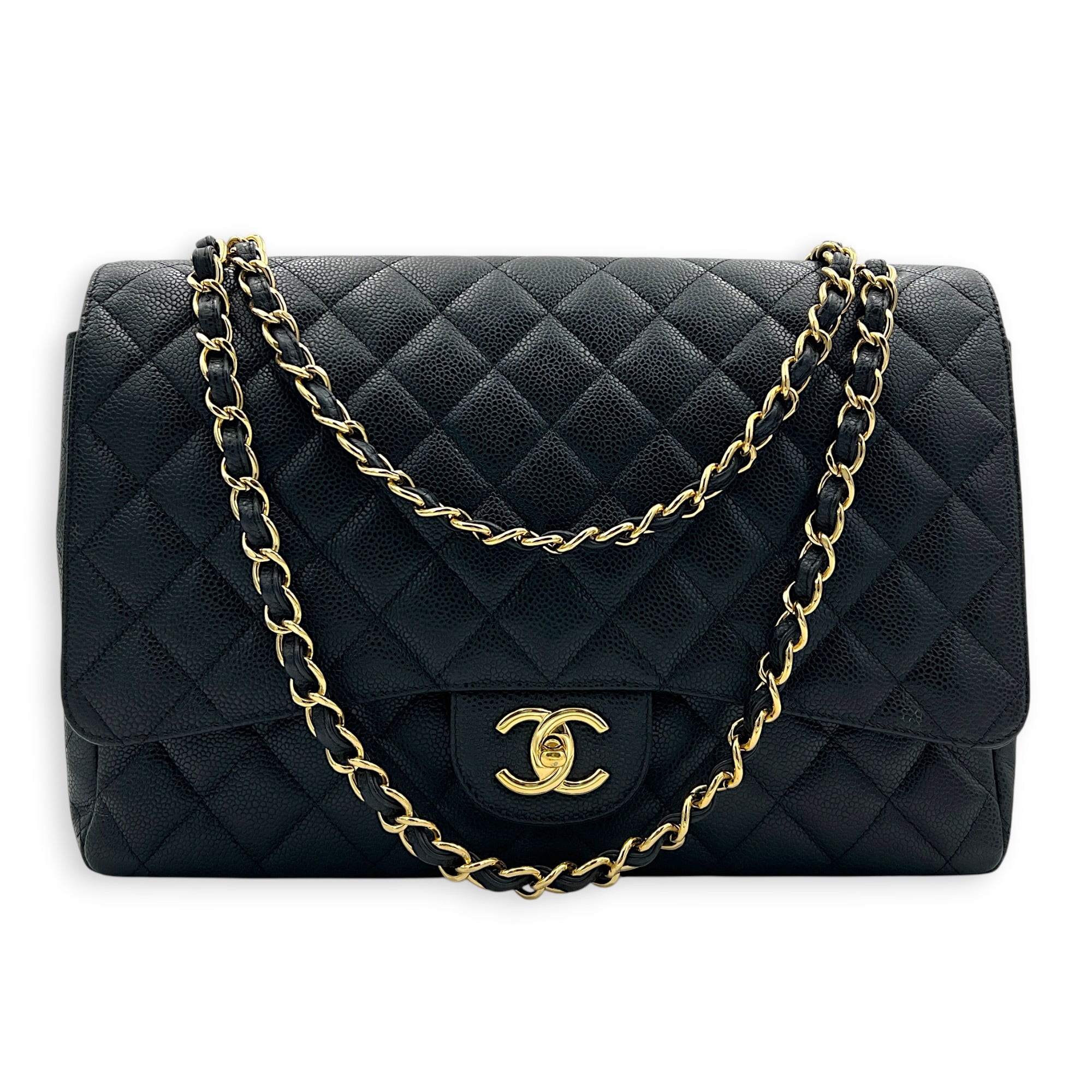 Classic Double Flap Maxi Black Shoulder Bag in Caviar Leather, Gold hardware