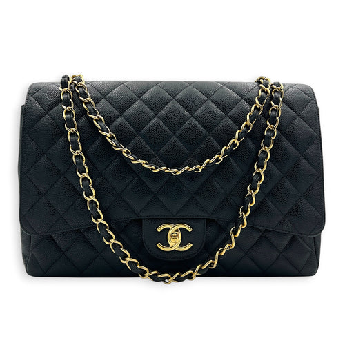 Classic Double Flap Maxi Black Shoulder Bag in Caviar Leather, Gold hardware