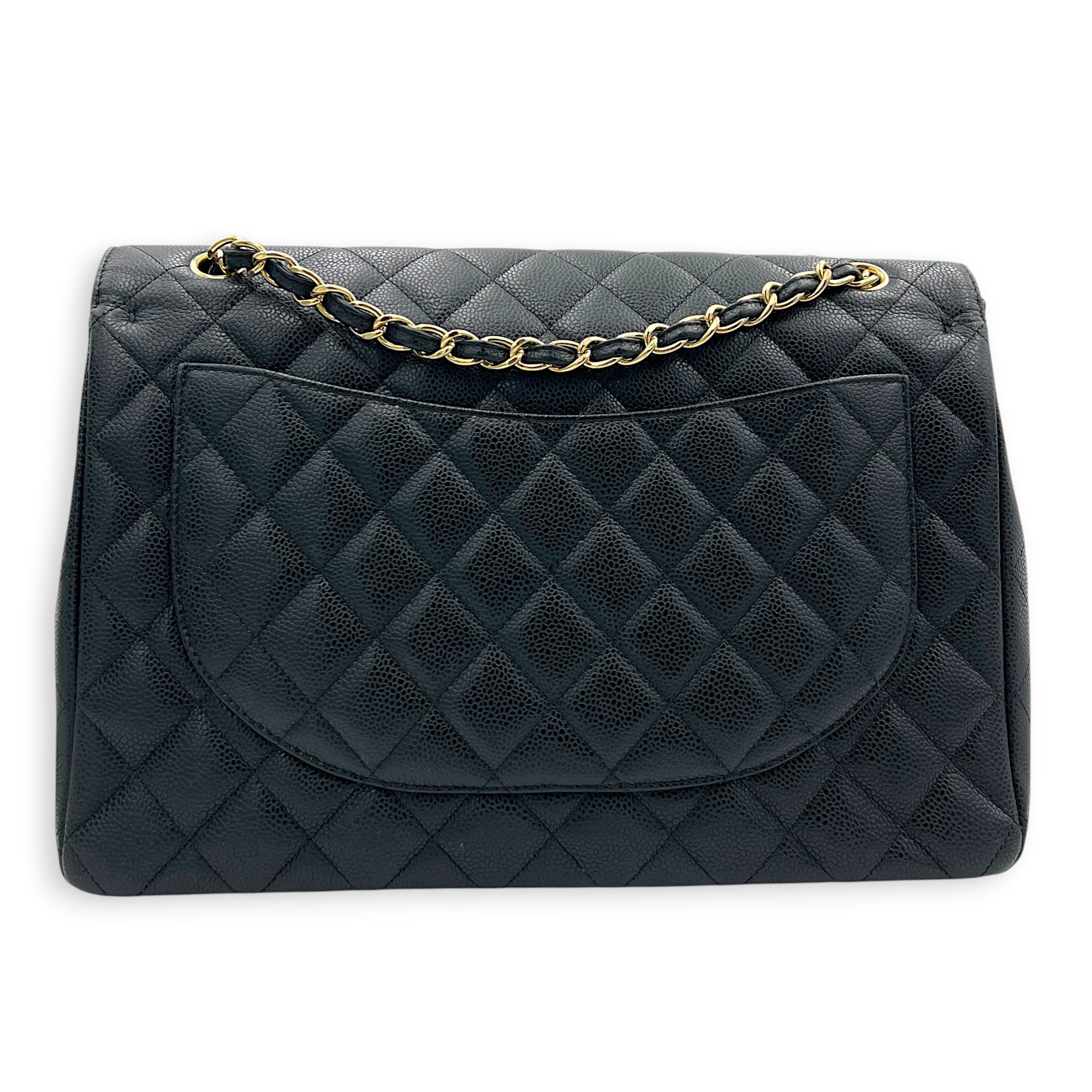 Classic Double Flap Maxi Black Shoulder Bag in Caviar Leather, Gold hardware