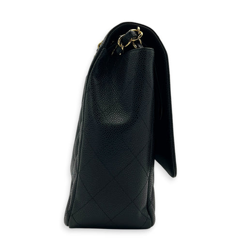 Classic Double Flap Maxi Black Shoulder Bag in Caviar Leather, Gold hardware