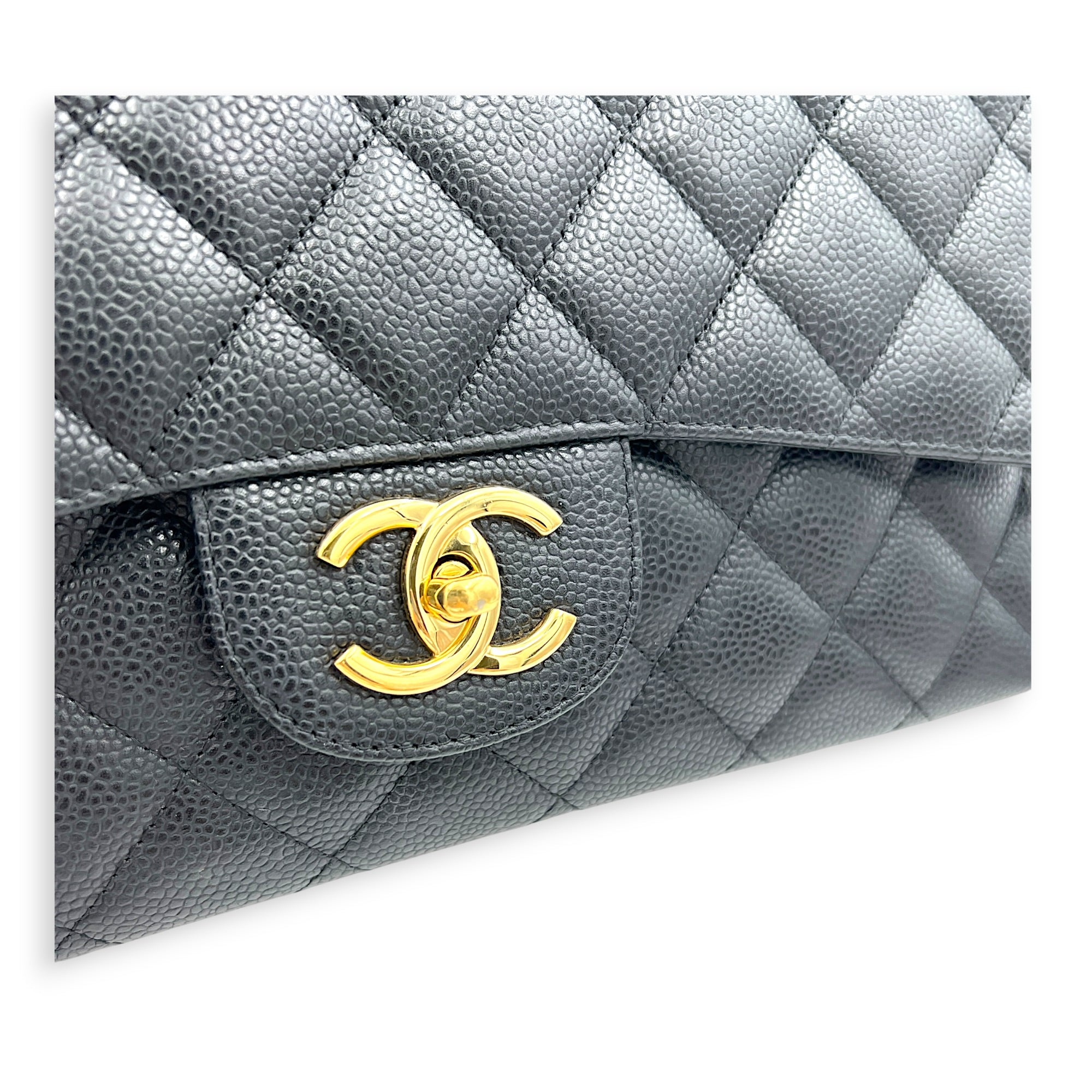 Classic Double Flap Maxi Black Shoulder Bag in Caviar Leather, Gold hardware
