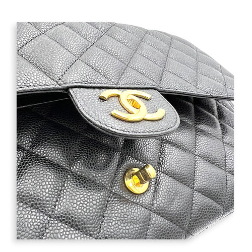 Classic Double Flap Maxi Black Shoulder Bag in Caviar Leather, Gold hardware