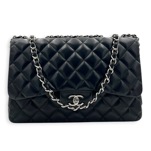 Classic Single Flap Jumbo Black Shoulder Bag in Lambskin, Silver hardware