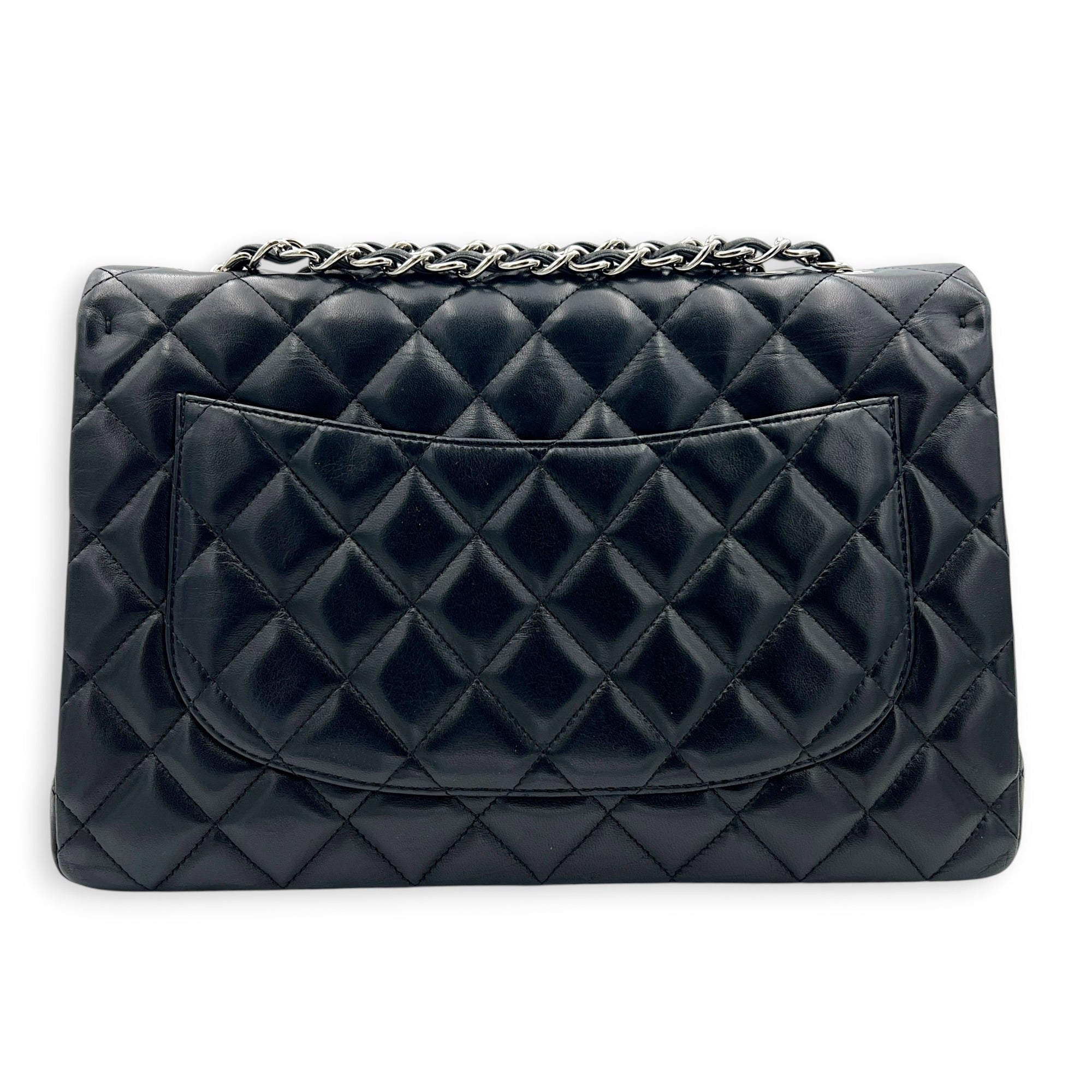 Classic Single Flap Jumbo Black Shoulder Bag in Lambskin, Silver hardware