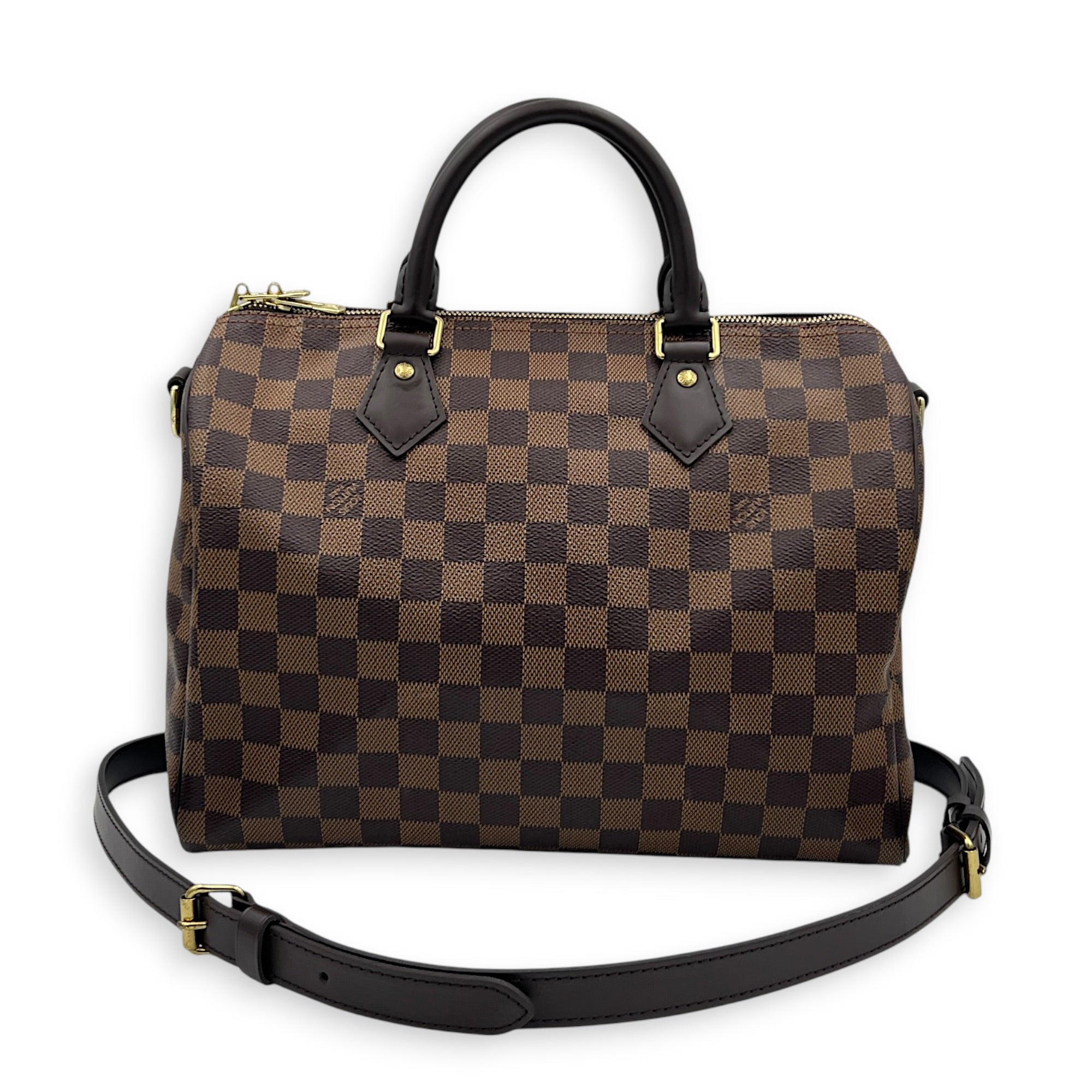 Speedy Bandouliere 30 Brown Top Handle Bag in Coated Canvas, Gold hardware