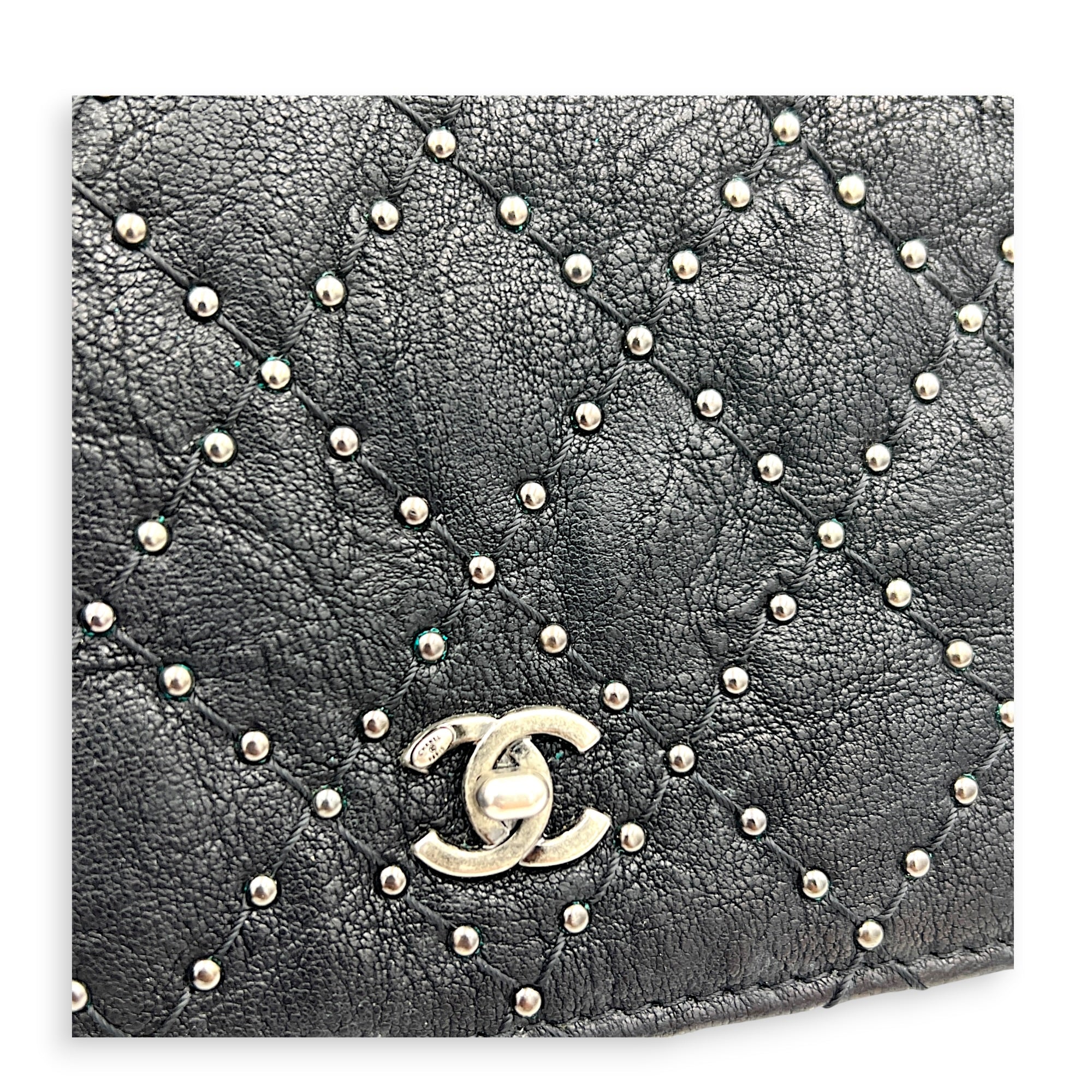 CC Studs Wallet On Chain Black in Calfskin, Silver hardware