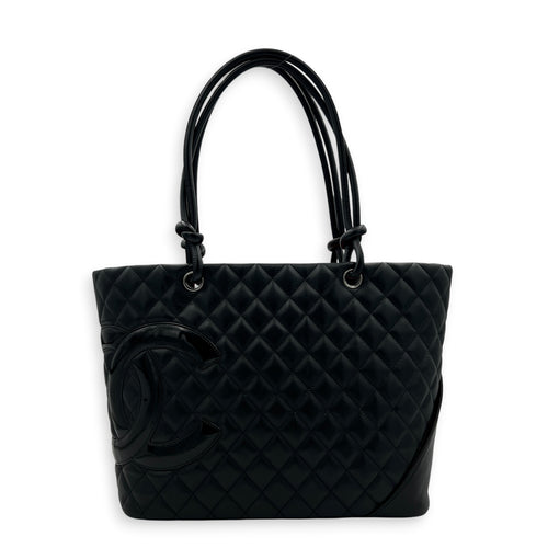 Cambon Black Tote Bag in Calfskin, Silver hardware