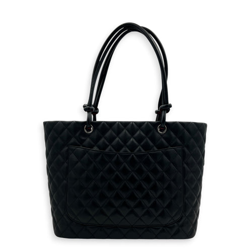 Cambon Black Tote Bag in Calfskin, Silver hardware