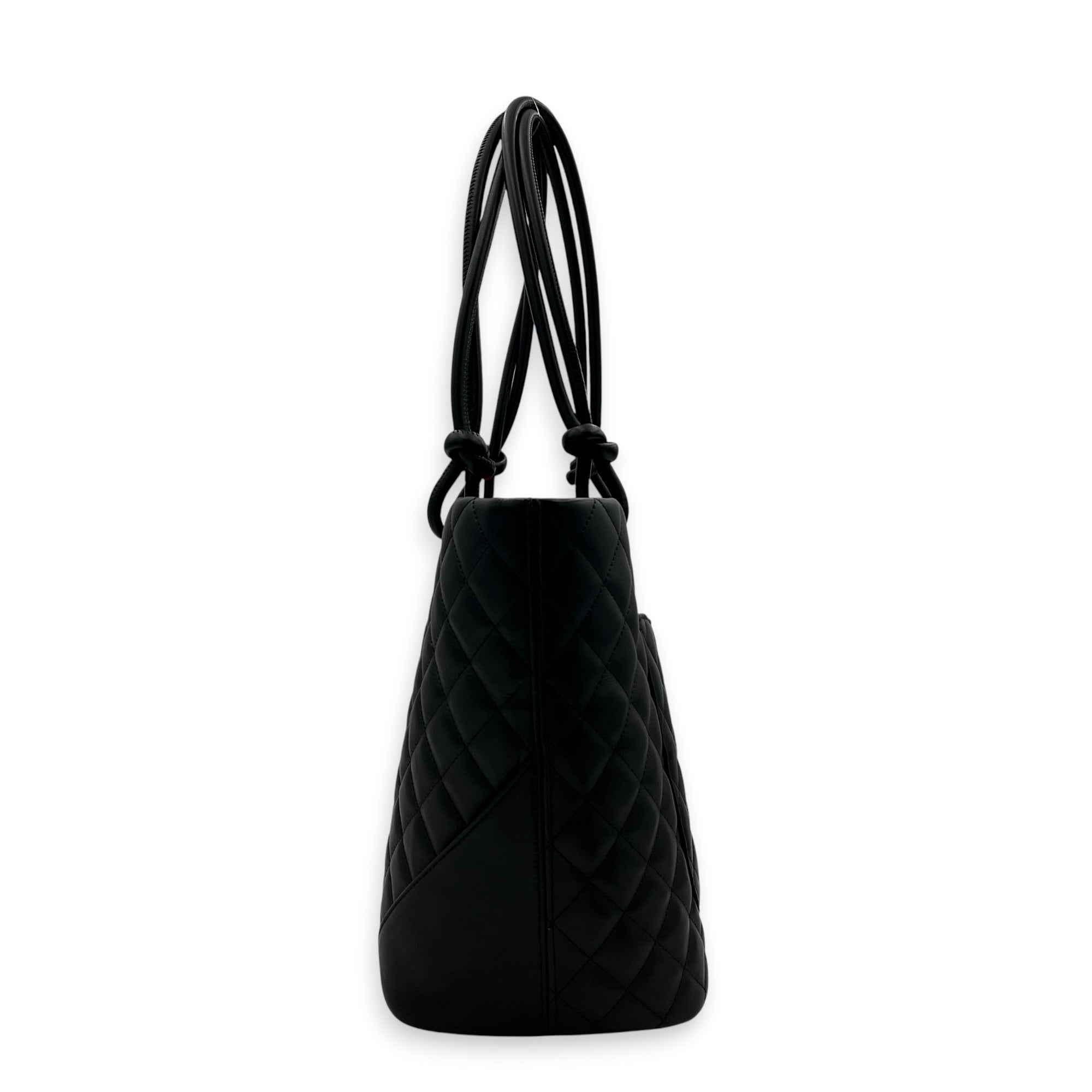 Cambon Black Tote Bag in Calfskin, Silver hardware