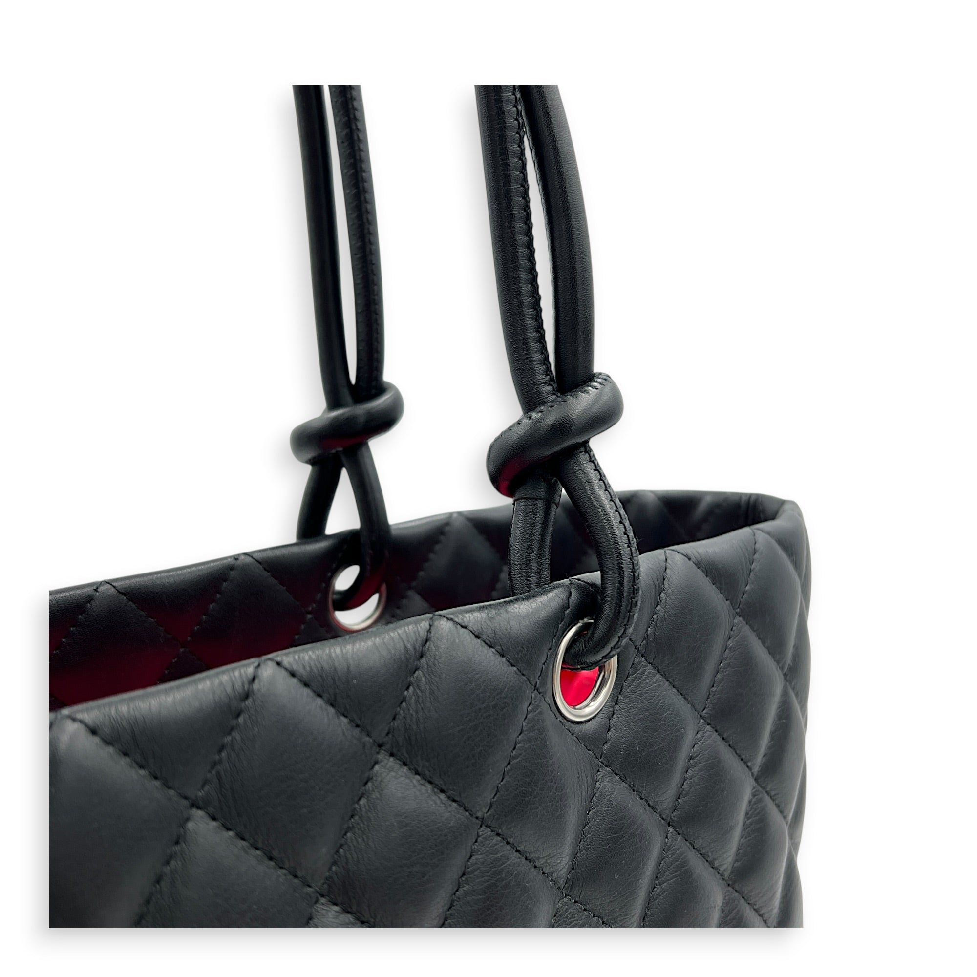 Cambon Black Tote Bag in Calfskin, Silver hardware