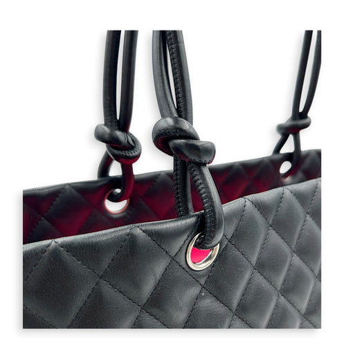 Cambon Black Tote Bag in Calfskin, Silver hardware