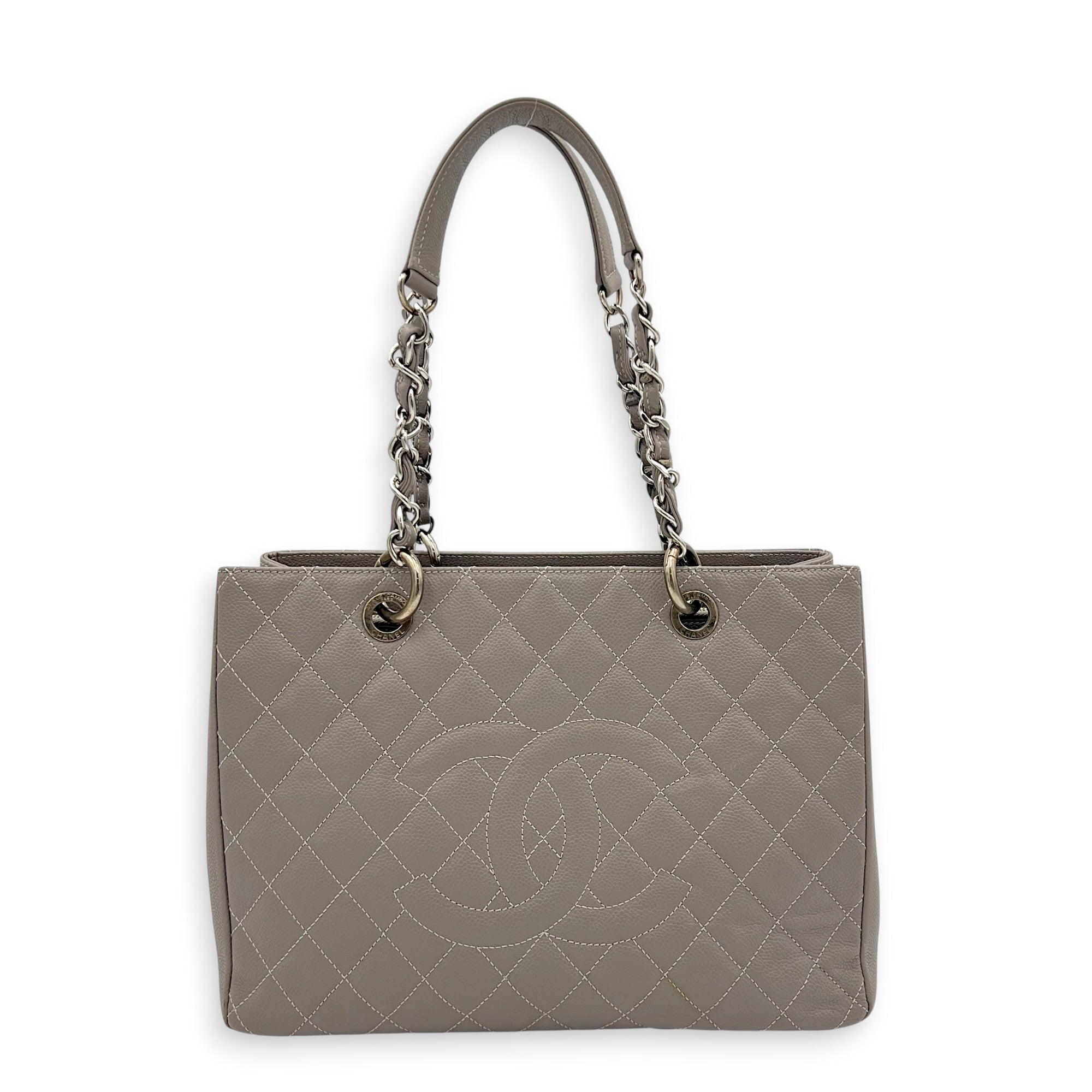 GST Tote Bag Grey in Caviar Leather, Silver hardware