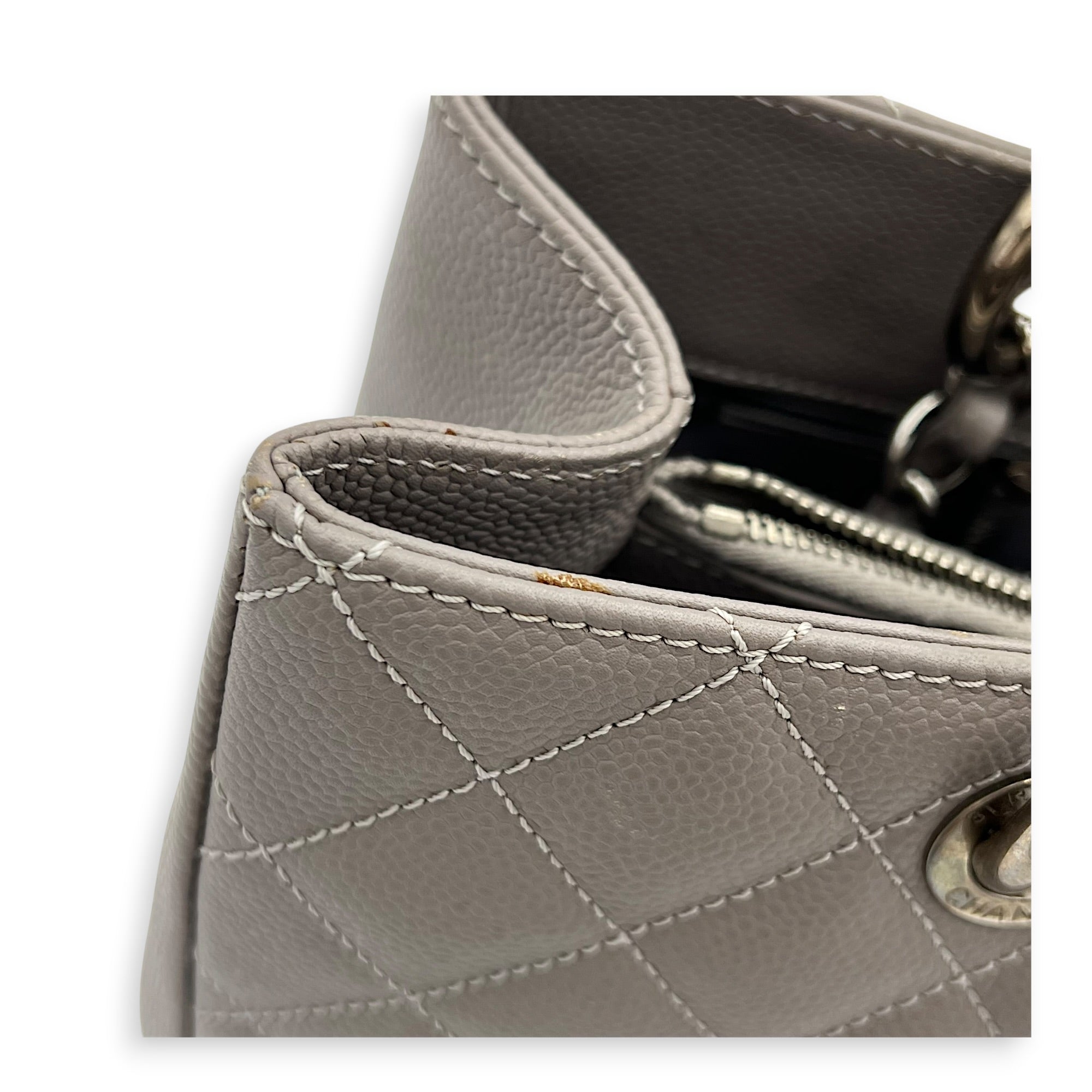 GST Tote Bag Grey in Caviar Leather, Silver hardware