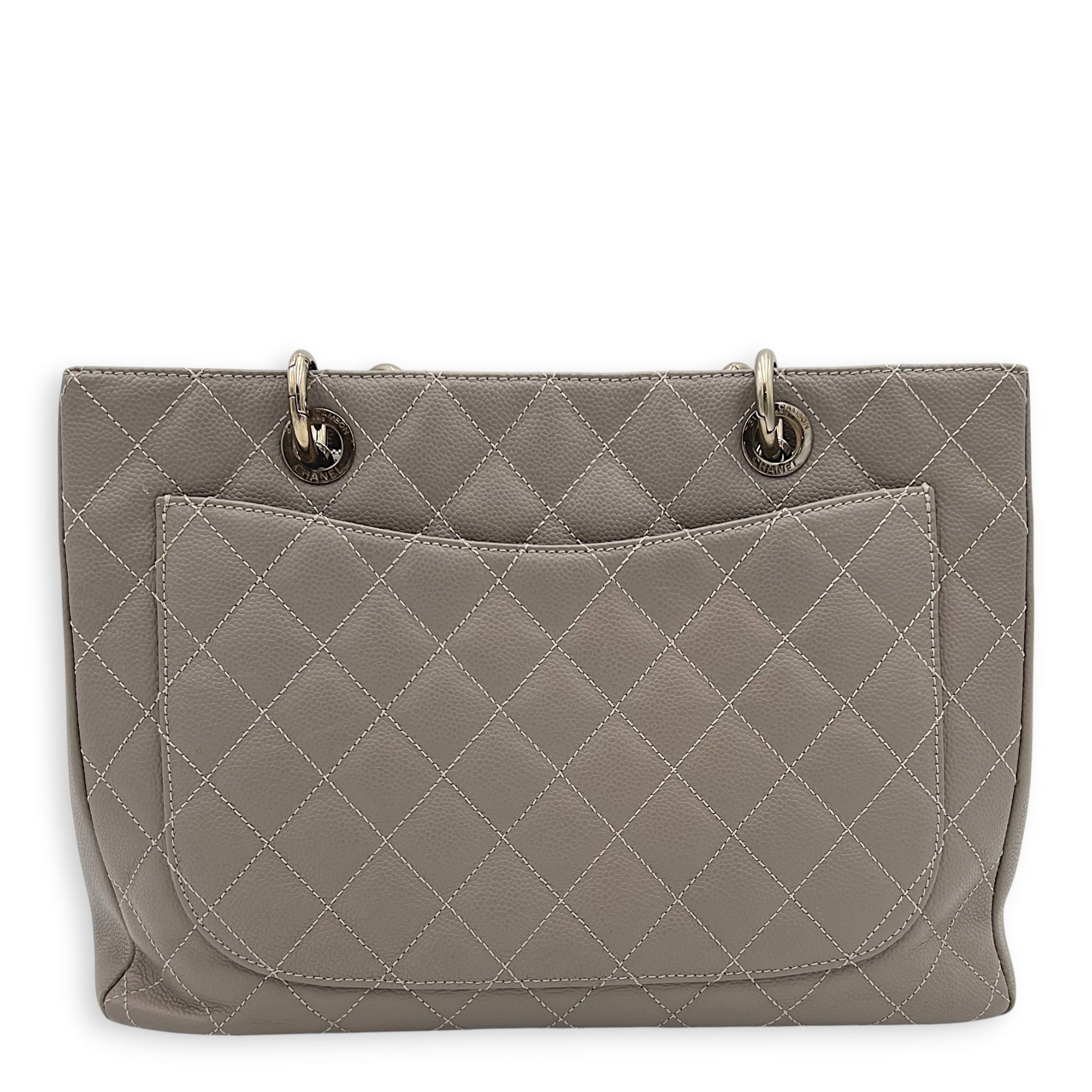 GST Tote Bag Grey in Caviar Leather, Silver hardware