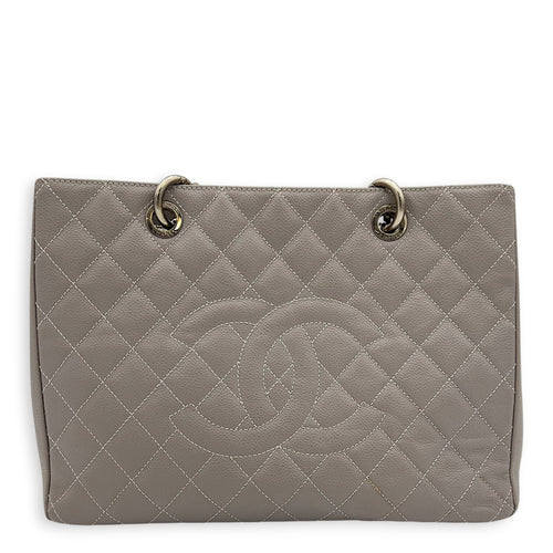 GST Tote Bag Grey in Caviar Leather, Silver hardware