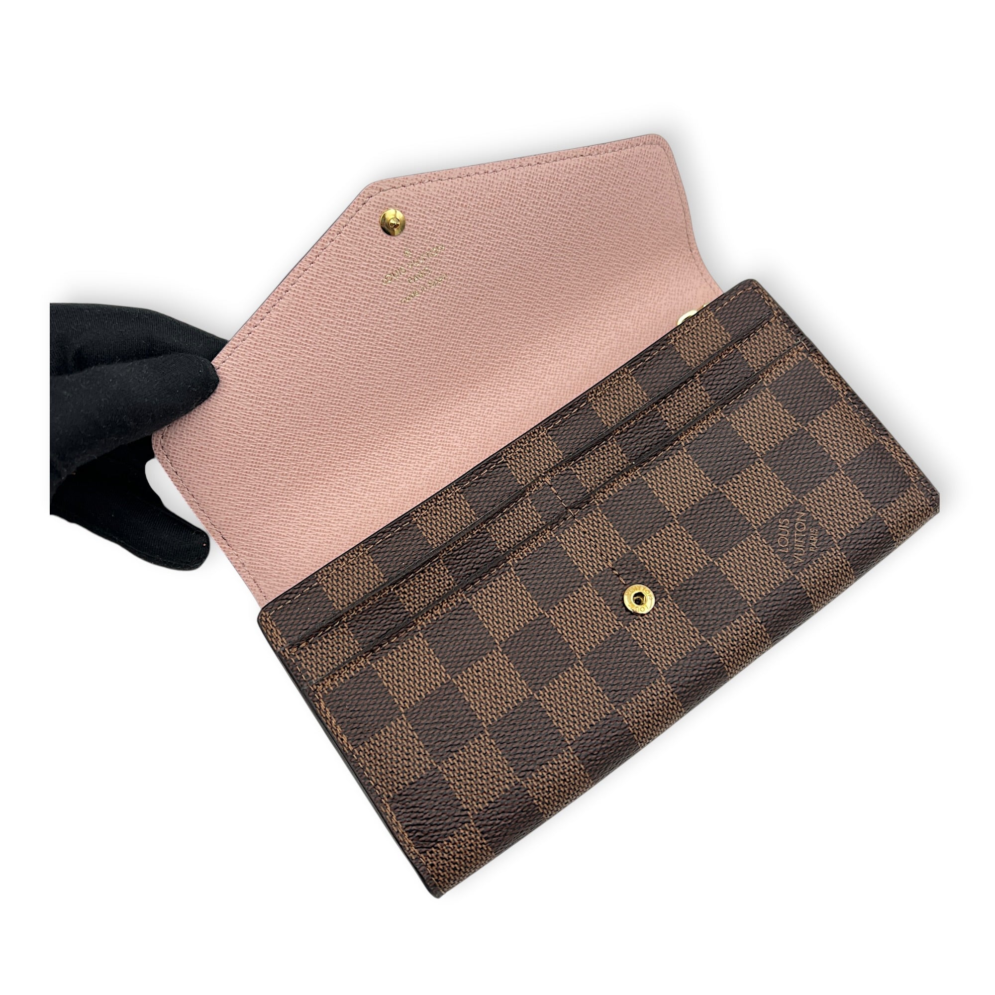 Sarah Wallet Damier Ebene in Coated Canvas, Gold hardware