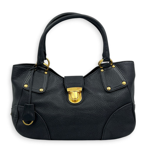 Vitello Daino Black Top Handle Bag in Calfskin, Gold hardware
