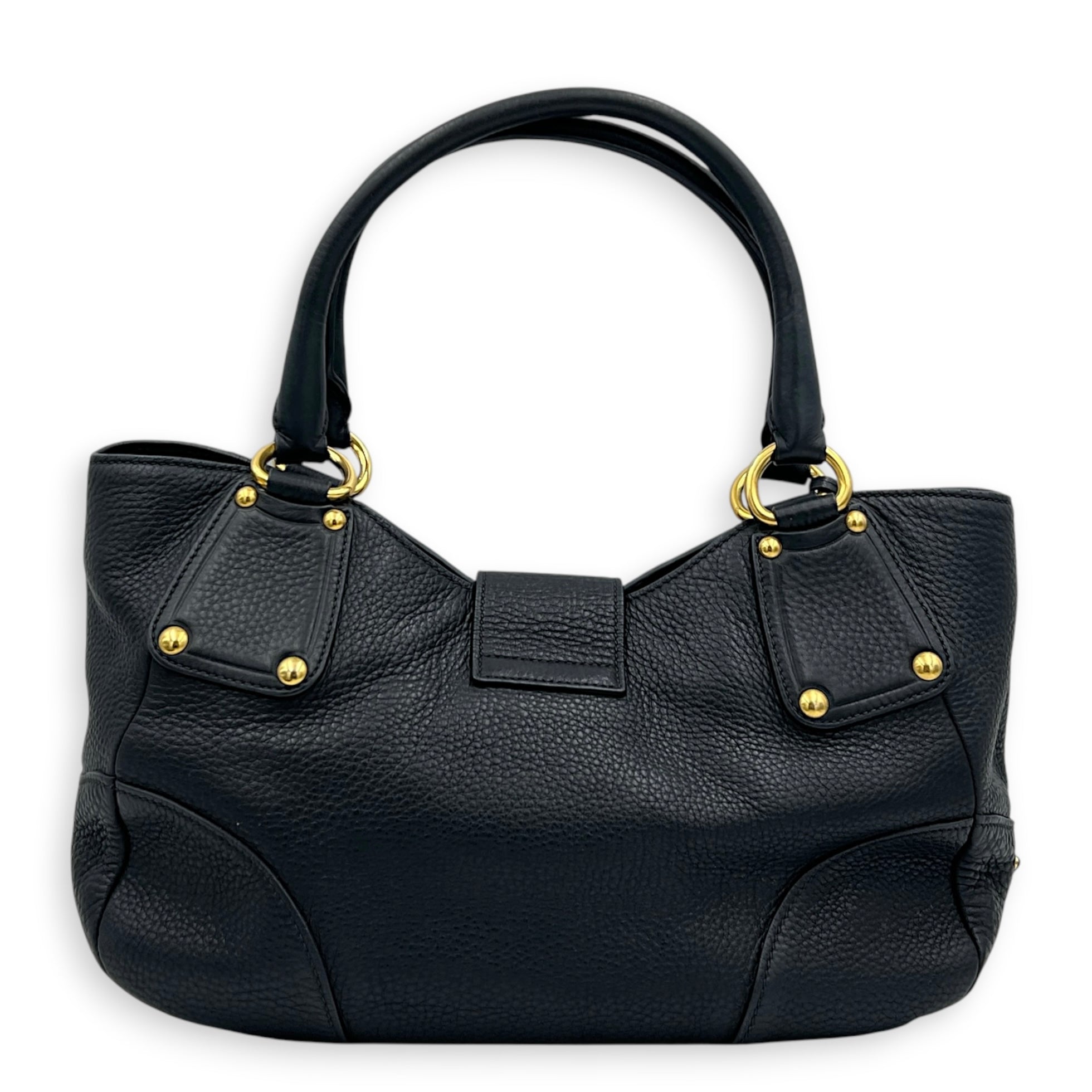 Vitello Daino Black Top Handle Bag in Calfskin, Gold hardware