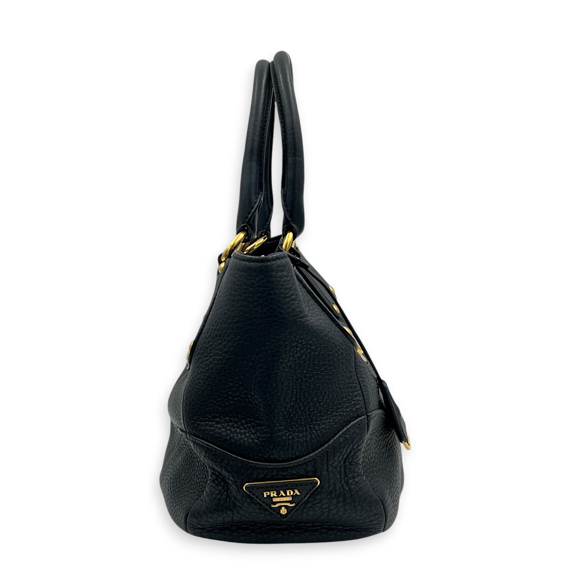 Vitello Daino Black Top Handle Bag in Calfskin, Gold hardware
