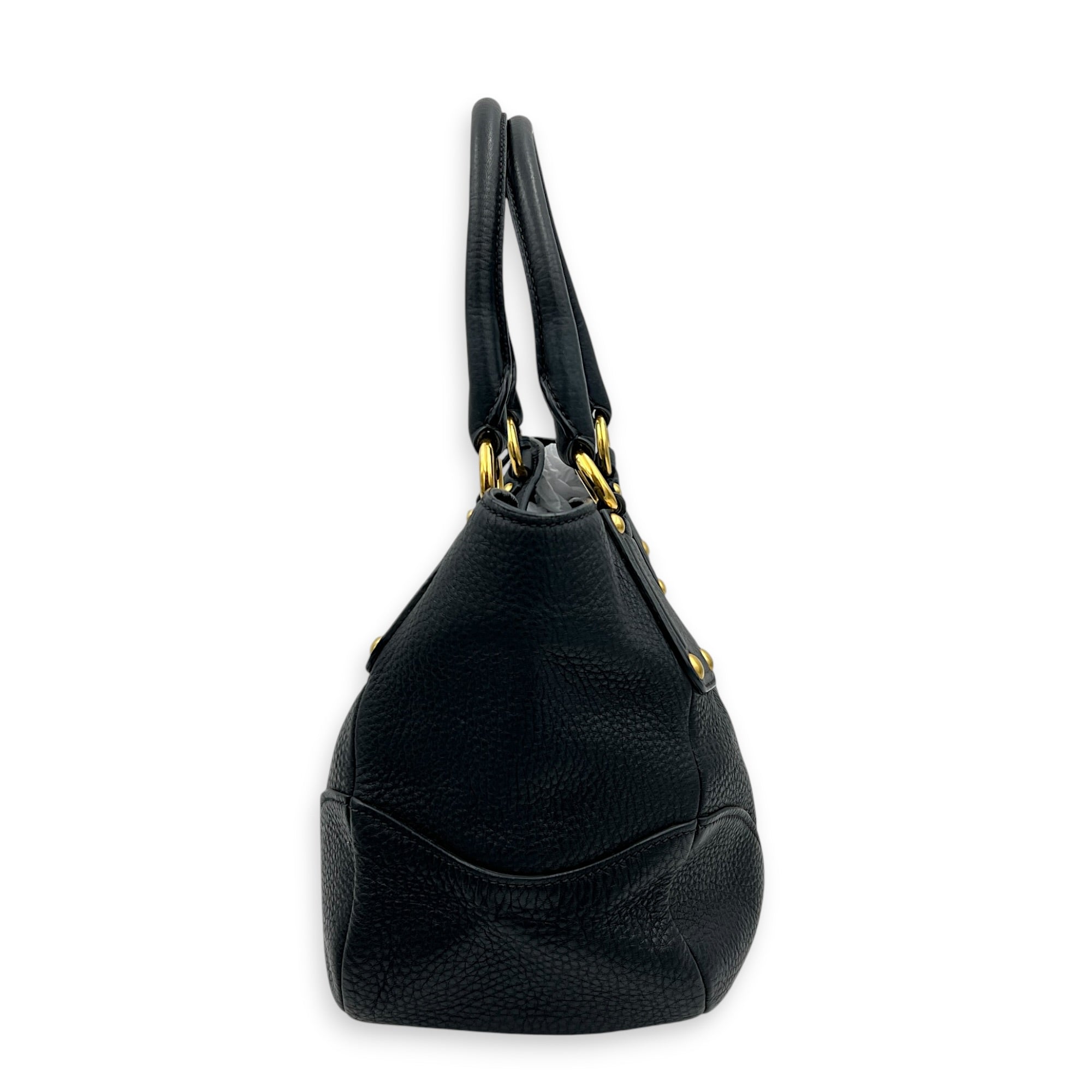Vitello Daino Black Top Handle Bag in Calfskin, Gold hardware